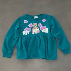 VINTAGE 90s Teal Kids Long Sleeve Shirt with Bear and Cat and Hearts Design